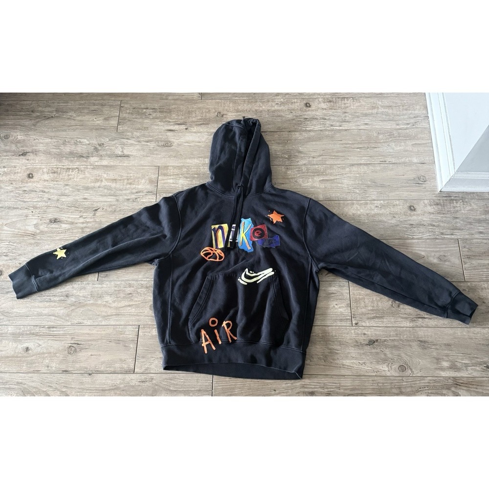 Vintage Nike Air Hoodie Medium Black Y2K Patchwork Logo Pullover Sweatshirt